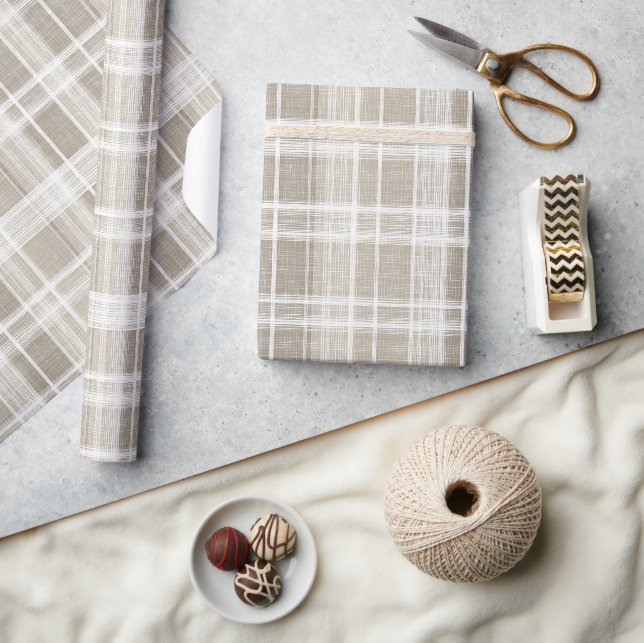 Beige kräm neutral fönsterrutig linne plaid mönste presentpapper (Hantverk)