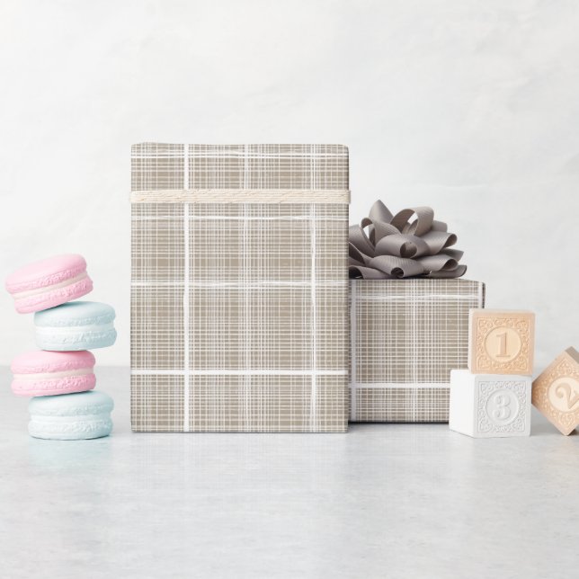 Beige kräm neutral fönsterrutig linneplaid mönster presentpapper (Baby Shower)