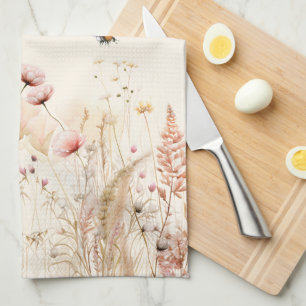 Beige kräm vattenfärgsblommor rosa boho kökshandduk