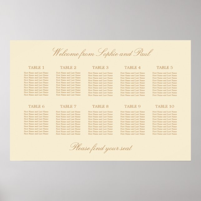 Beige krämfärgad 10 bord Wedding sittplatsschema A Poster (Framsidan)