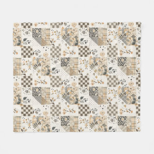 Beige lapptäcke patchwork gingham Cottagecore blom Fleecefilt