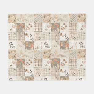 Beige lapptäcke patchwork gingham Cottagecore blom Fleecefilt