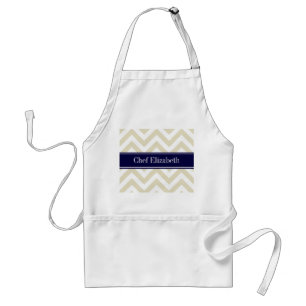 Beige Lg Chevron Navy Blue Namn Monogram Förkläde