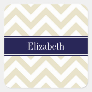 Beige Lg Chevron Navy Blue Namn Monogram Fyrkantigt Klistermärke