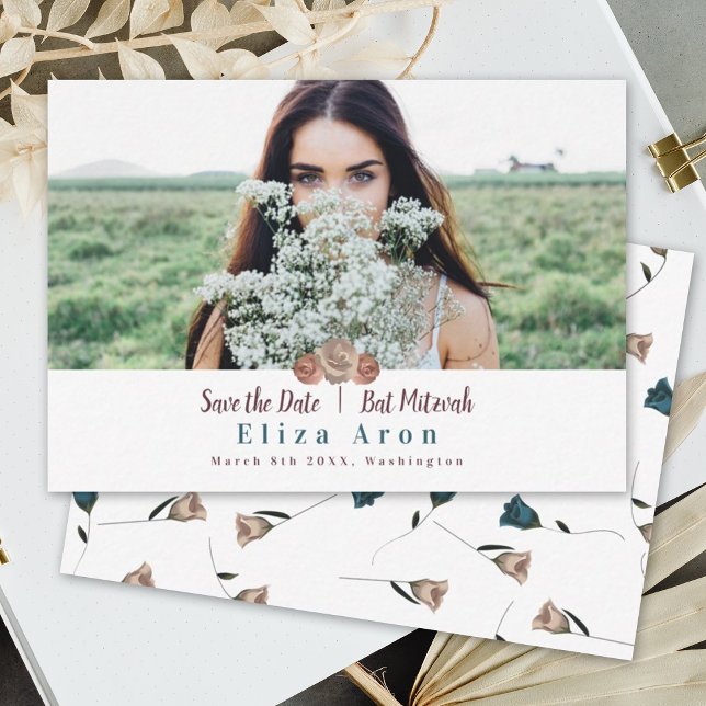 Beige Light Mauve Roses Bat Mitzvah Spara datumet Rådkort (botanical beige dusty pink blush roses bat mitzvah save the date invitation card, teal beige roses)