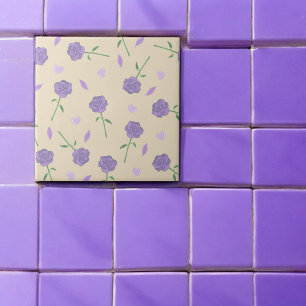 Beige Lila Ro Blommigt Boho Botanical Mönster Kakelplatta