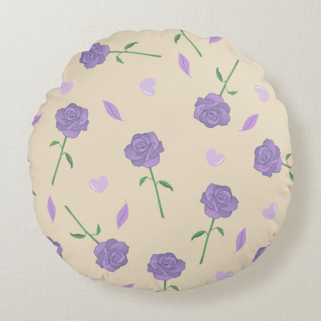 Beige Lila Ro Blommigt Boho Botanical Mönster Rund Kudde (Framsidan)