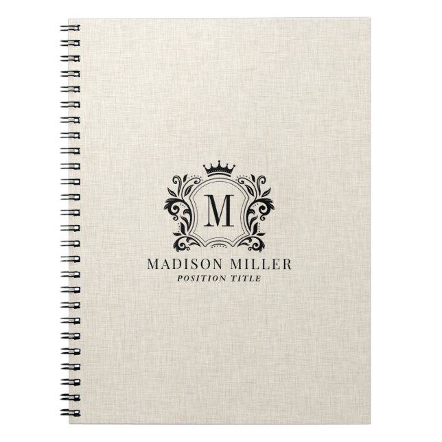 Beige Linen Black Royal Crest Crown Monogram Anteckningsbok (Framsidan)