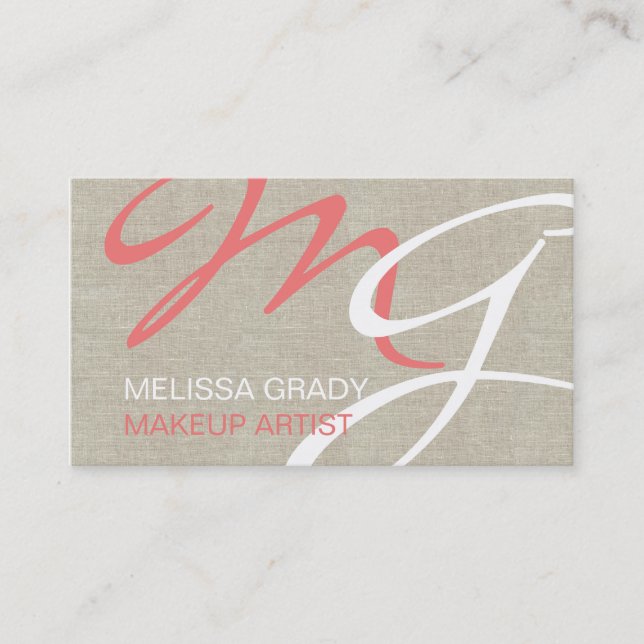 Beige Linen Coral Monogram Modern Affärskort Visitkort (Framsida)