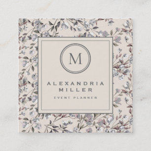 Beige Linen Elegant Blommigt Monogram Fyrkantigt Visitkort
