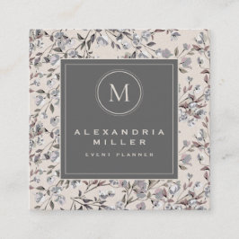 Beige Linen Elegant Blommigt | Monogram Medallion Fyrkantigt Visitkort