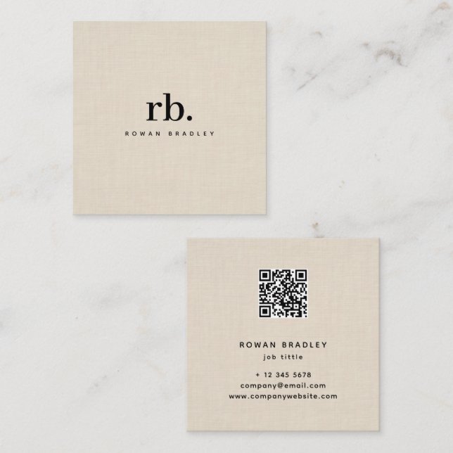 Beige Linen Fabric Effect Elegant QR Code Fyrkantigt Visitkort (Fram/baksida)