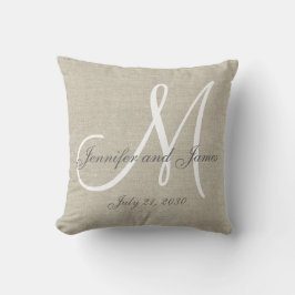 Beige Linen Grått White Monogram Bröllop Keepsaké Kudde