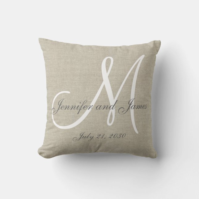 Beige Linen Grått White Monogram Bröllop Keepsaké Kudde (Framsida)