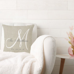 Beige Linen Grått White Monogram Family Keepsaké Kudde