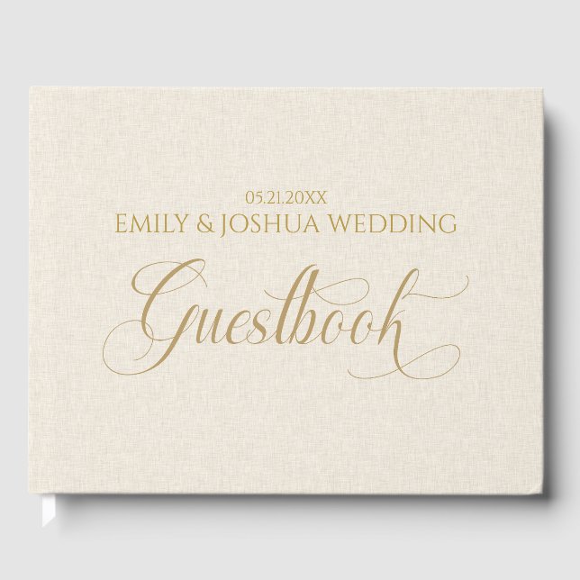 Beige Linen Guld Guestbook-skripttypografi Gästböcker (Framsida)