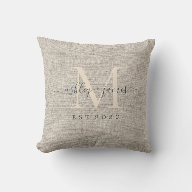 Beige Linen Ivory Monogram Script Bröllop Keepsaké Kudde (Framsida)