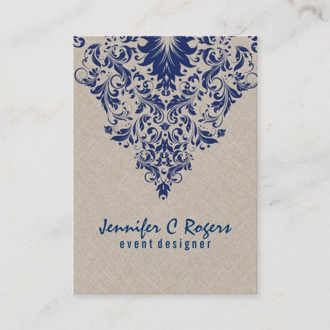 Beige Linen Royal Blue Blommigt Snöre händelsedesi Visitkort (Framsida)