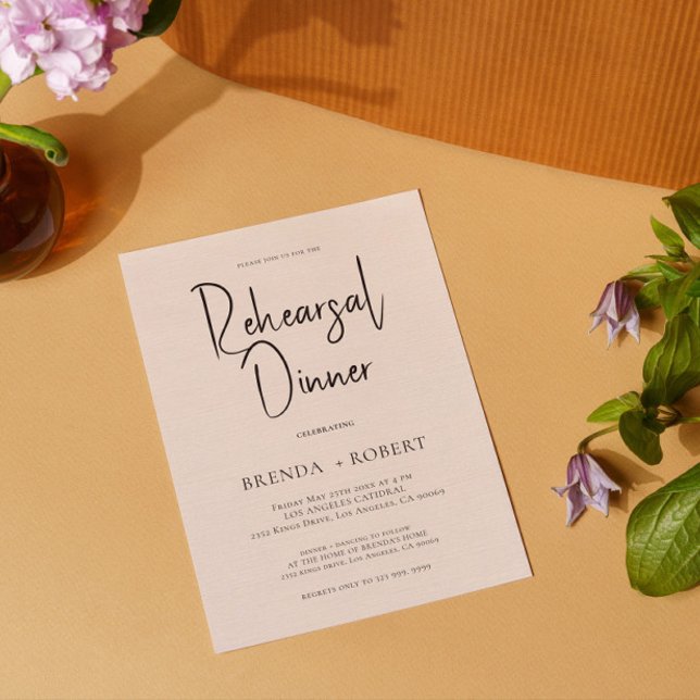 Beige linen Simple White Script Rehearsal Dinner Inbjudningar (Skapare uppladdad)