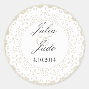 Beige Linen & Snöre Doilie : Round Sticker Runt Klistermärke