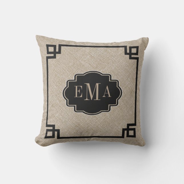 Beige Linen Struktur Black Geometric Ram Utomhuskudde (Framsida)