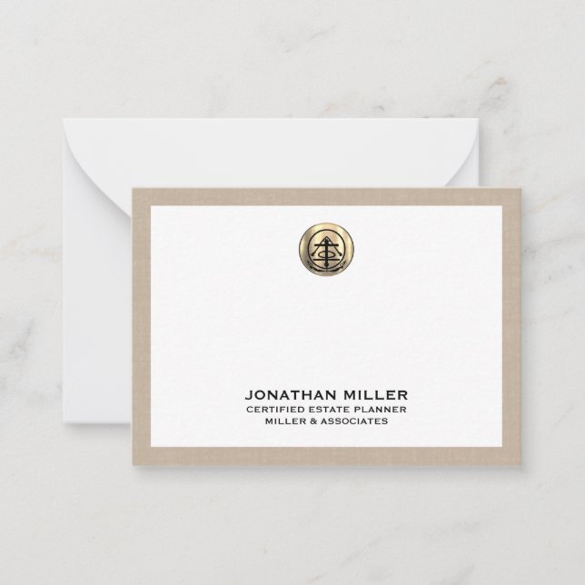 Beige Linen Trimmed Note Card med Guld Logotyp Anteckningskort (Framsida)