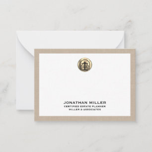 Beige Linen Trimmed Note Card med Guld Logotyp Anteckningskort