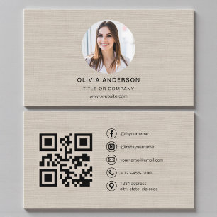 Beige Linne Foto med QR-kod Sociala Medier Visitkort