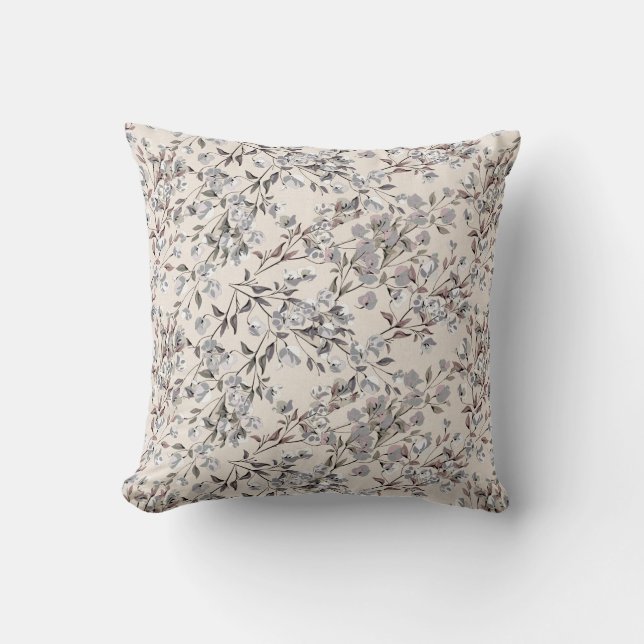 Beige linne & grått elegant fint blomster mönster kudde (Framsida)