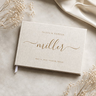Beige Linne Guld Skrift Chic Minimalistisk Bröllop Gästböcker