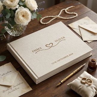 Beige Linne Kräm Minimalistisk Skrift Hjärtbröllop Gästböcker