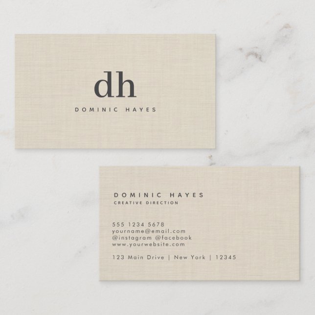 Beige Linne Kräm Textur Minimal Elegant Monogram Visitkort (Fram/baksida)