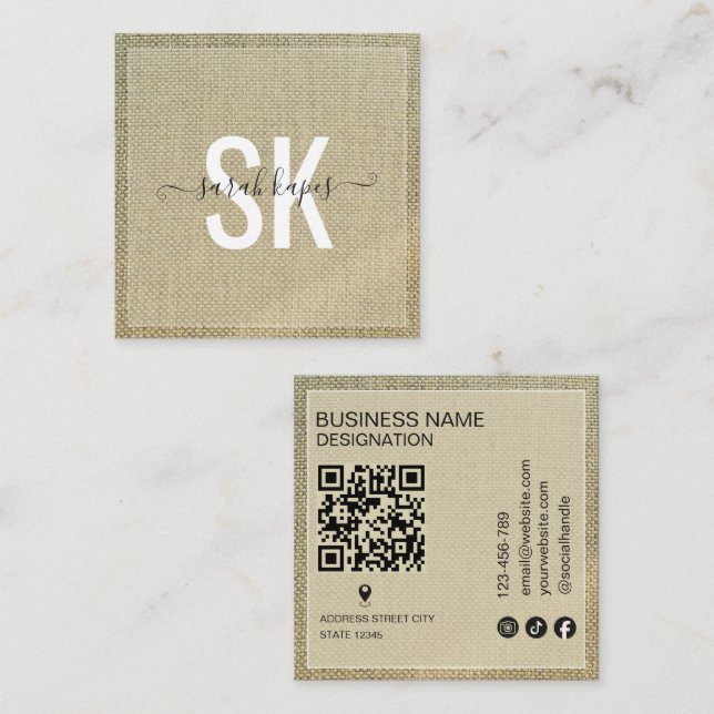 Beige Linne Rustik Monogram Qr Kod Fyrkantigt Visitkort (Fram/baksida)