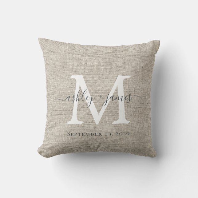 Beige Linne Vit Monogram Bröllopsförvaring Kudde (Framsida)