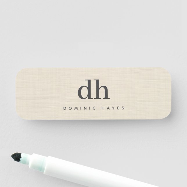 Beige Linnekräm Textur Minimal Elegant Monogram Namnbricka (På plats)