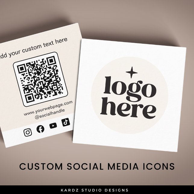 Beige Logotyp QR Code Social Media Fyrkantigt Visitkort (Add your logo, create QR by entering URL, add custom social media icons and text. )