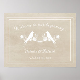Beige Lovebird Blommigt Bröllop Poster