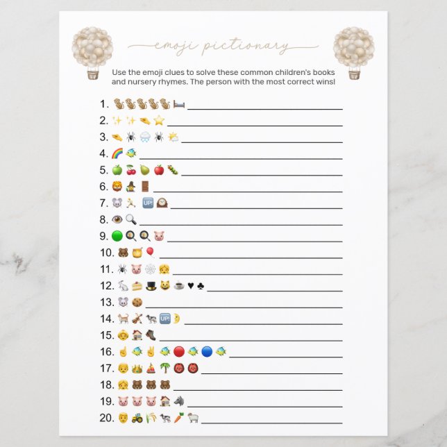 Beige Luftballong Emoji Bokar Baby Shower Game (Framsida)