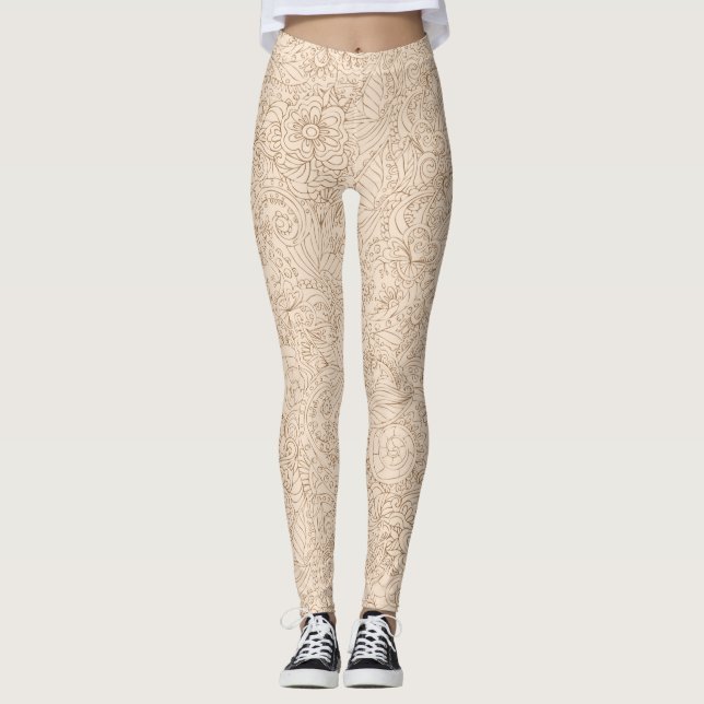 Beige med Brown Blommigt Snöre Mönster Leggings (Framsida)