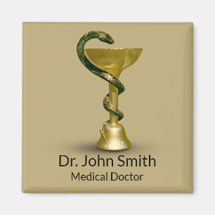 Beige Medical Bowl Snake Hygieia Guld Caduceus Magnet