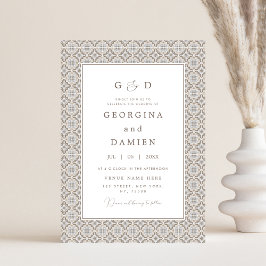 Beige Mediterranean Tile & Photo Elegant bröllop Inbjudningar