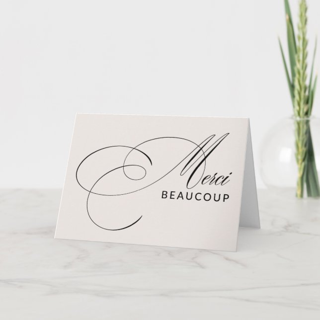 Beige Merci Beaucoup Elegant Kalligrafi Tack Kort (Framsida)