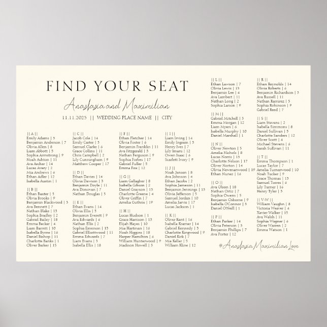 Beige Minimal Wedding Alphabetical Seating Chart Poster (Framsidan)