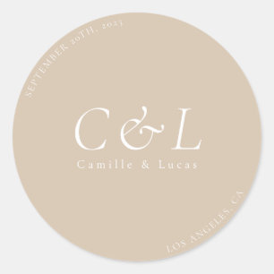 Beige Minimalist bröllop, klassisk rund dekalk Runt Klistermärke