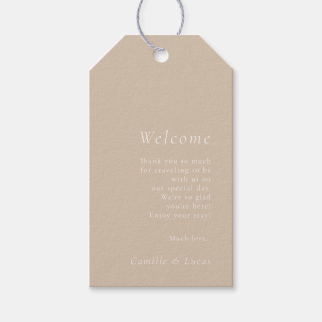 Beige minimalist Bröllop Welcome Gift Märkres Presentetikett (Framsidan)