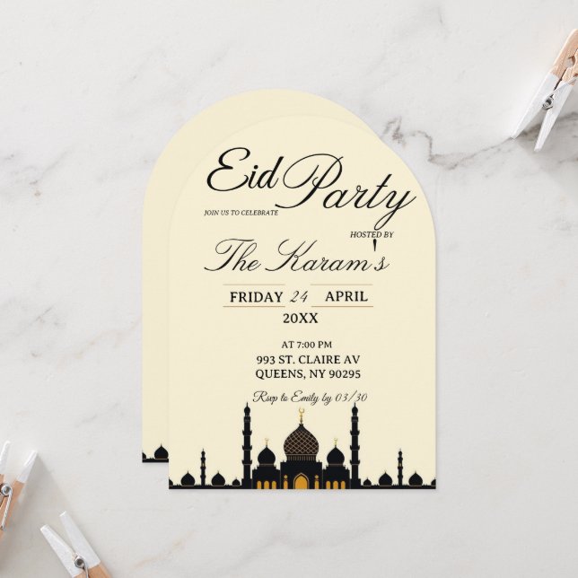 Beige Minimalist elegant Eid Party Invitation Card Inbjudningar (Fram/Back In Situ)