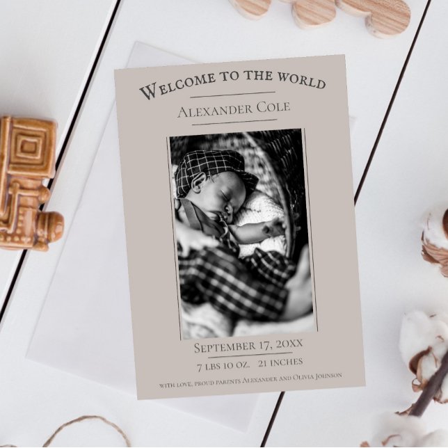 Beige Minimalist Photo Birth-meddelande Meddelande (Beige Minimalist Photo Birth Announcement)