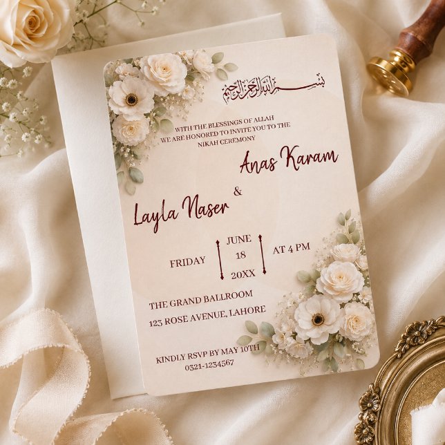 Beige minimalistisk blomstergivare muslimska bröll inbjudningar (Skapare uppladdad)