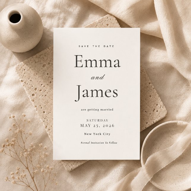 Beige Modern Minimal Spara Datum Inbjudan (Elegant beige Save the Date card styled on soft ivory linen.)