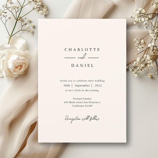 Beige, modern, minimal, typsnitt bröllop  inbjudningar (Minimal, modern, typography, wedding invitation. Print and download.)